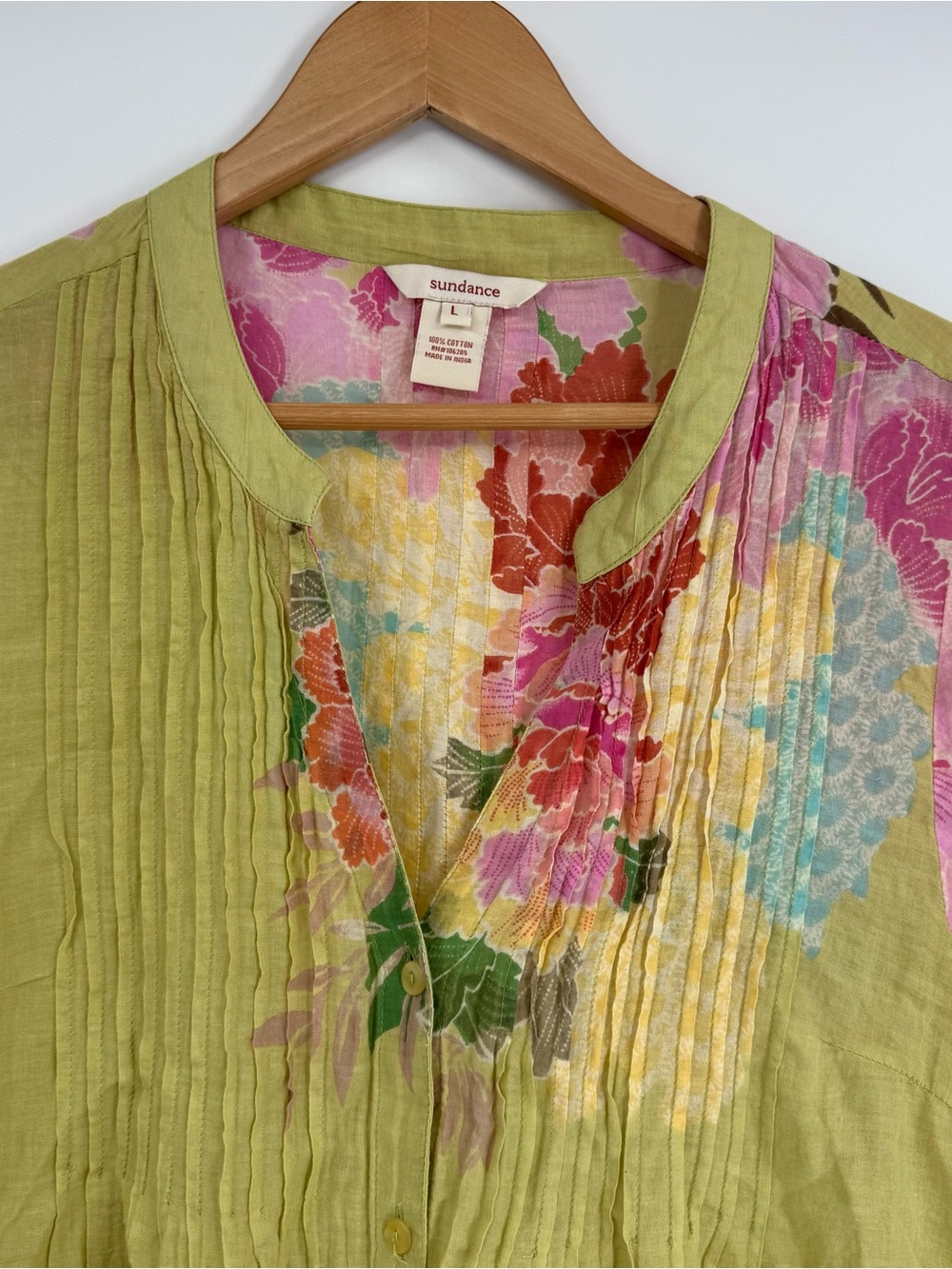 Sundance Floral Top Green Lightweight Pleated Boho Tropical Beach Tunic Size L - Picture 8 of 11
